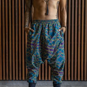 Men's Geometric Harem Pants: Blue Gold Cotton Rave