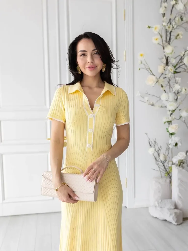 Yellow Ribbed Polo Knit Midi Dress