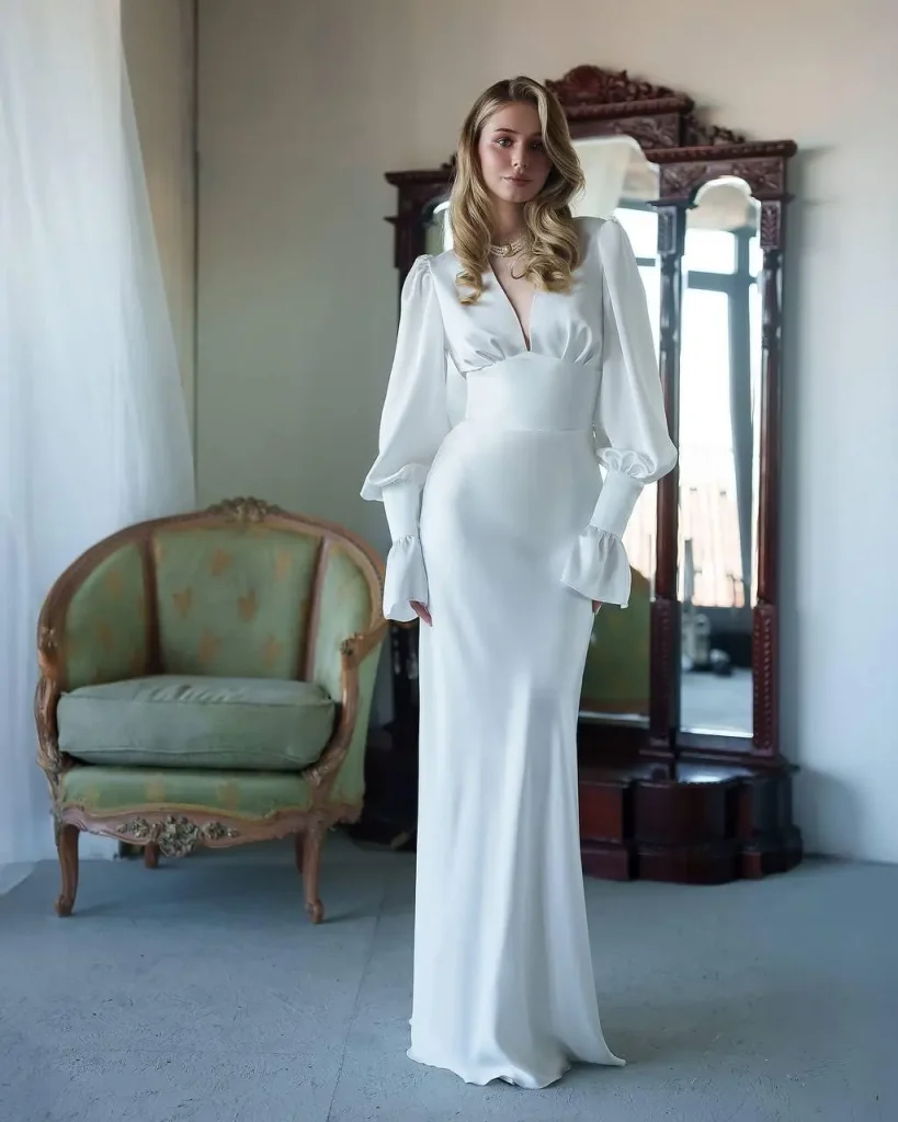 Long Satin Puff Sleeve Evening Gown