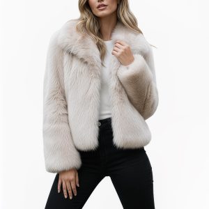 Beige Faux Fur Coat: Short Plush Vegan Jacket