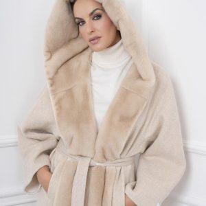 Ivory Cashmere Coat With Mink Hood
