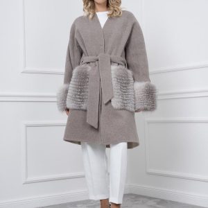 Gray Cashmere Coat With Fox