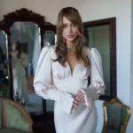 Long Satin Puff Sleeve Evening Gown