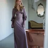 Long Satin Puff Sleeve Evening Gown