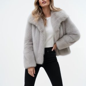 Beige Faux Fur Jacket: Short Vegan Coat Elegant