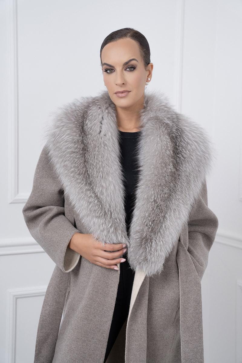 Gray Cashmere Coat With Fox Collar Gray Cashmere Coat With Fox Collar
