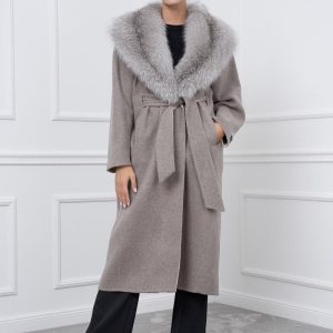Gray Cashmere Coat With Fox Collar