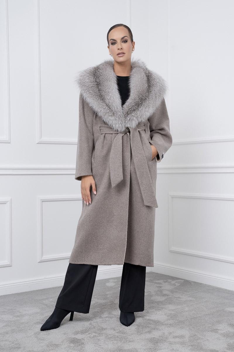 Gray Cashmere Coat With Fox Collar Gray Cashmere Coat With Fox Collar